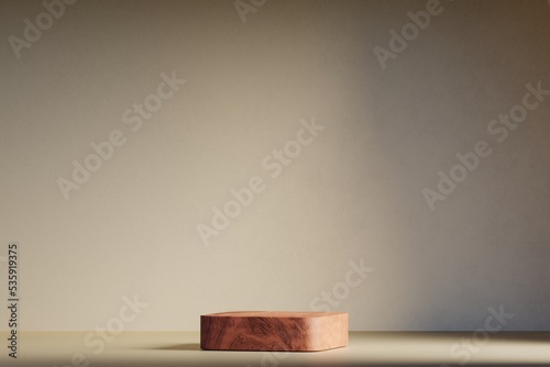 Fototapeta Naklejka Na Ścianę i Meble -  Minimal box wood pedestal or podium for product showcase. Cosmetic stand pedestal. Beige background mockup. Empty stage. 3d render illustration