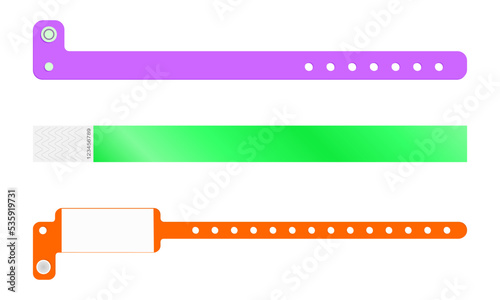 Set of plastic and paper event bracelets. Admission wristband template for concert, festival, cinema, party, carnival, exhibition entrance. Patient identification handband mockup. Vector illustration