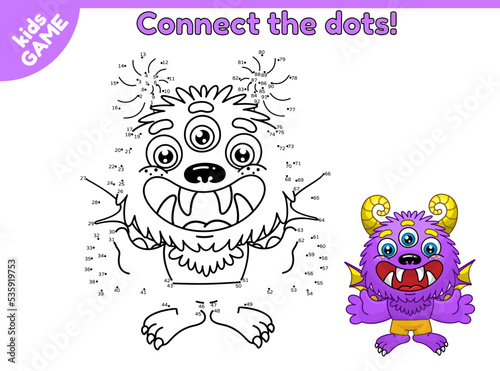 Connect the dots and draw a cute cartoon monster. Worksheets for children. Educational game for toddlers, preschoolers, kindergarten. Vector illustration.