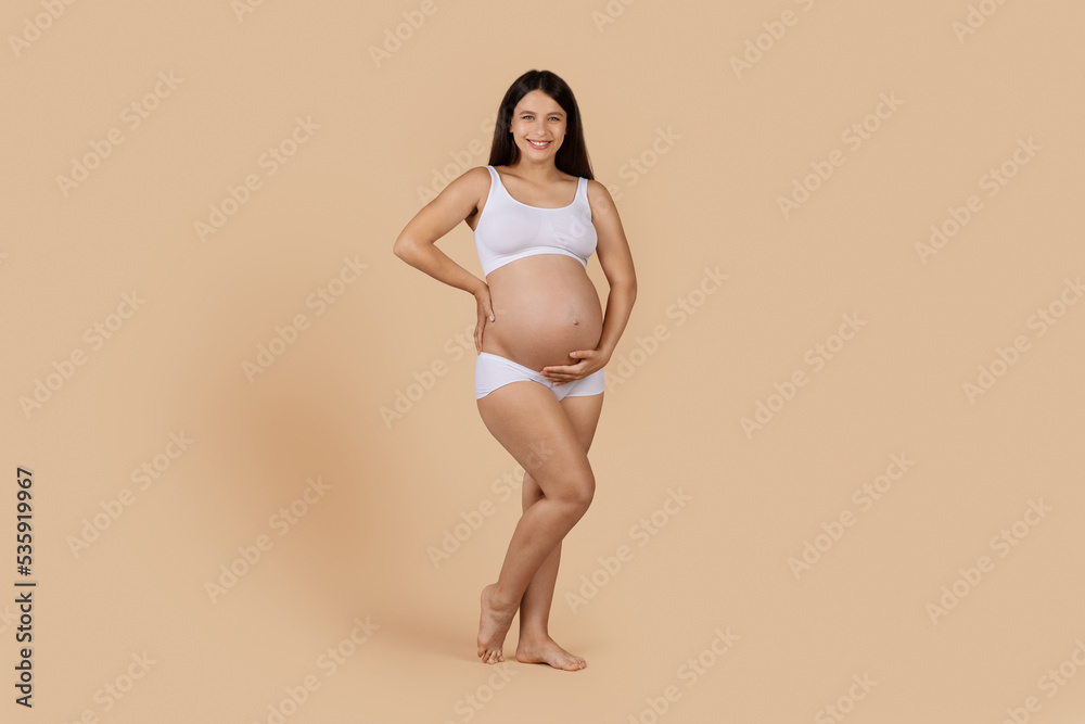 Studio Portrait Of Beautiful Pregnant Woman Posing In Underwear On Beige Background Studio Portrait Of Beautiful Pregnant Woman Posing In Underwear On Beige Background