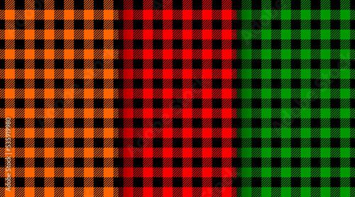 Set of gingham seamless patterns. Halloween or Thanksgiving day background, Christmas buffalo plaid, checkered lumberjack texture. Design for flannel shirt, picnic blanket, kitchen napkin, tweed coat