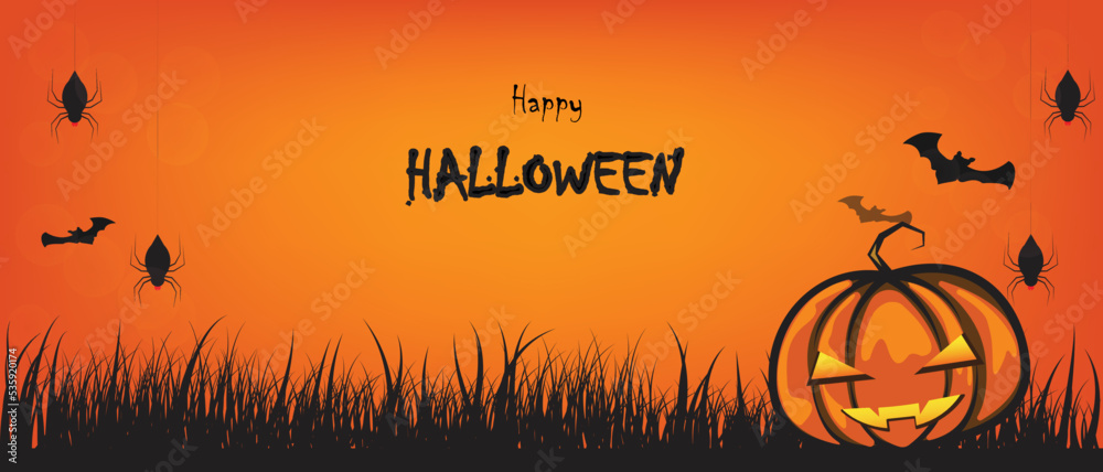 orange halloween banner with pumpkin spider and bats. Scary halloween background.