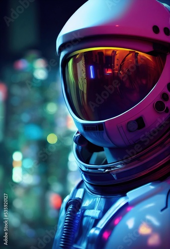 Fototapeta Portrait of an fictional astronaut in neon light in a spacesuit