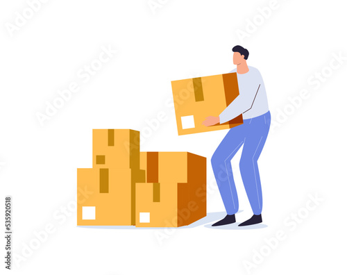 Home delivery shopping box man delivering packages at door. Delivery man holding cardboard boxes. Online shopping