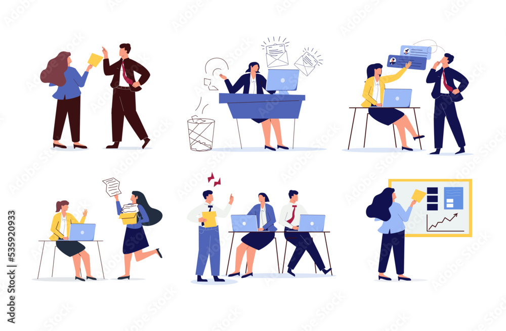 Business people Marketing illustrations. Mega set. Collection of scenes with men and women taking part in business