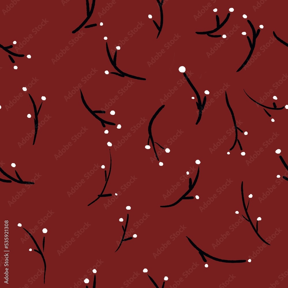 Black branches with white flowers on a dark red background, seamless pattern, raster illustration Black branches with white flowers on a dark red background, seamless pattern, raster illustration