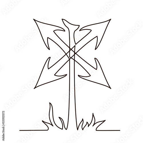 Rail Road Crossing Sign Continuous Line Drawing with grass One Line Vector Illustration Isolated on a white background.