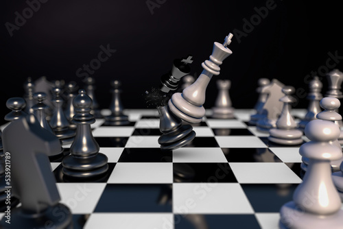 The white king shattered the black king. 3D illustration of chess pieces.