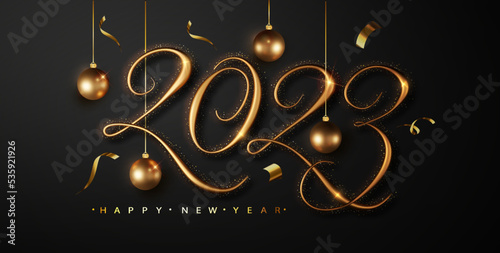 Happy new year 2023. Festive design with Christmas decorations, balls