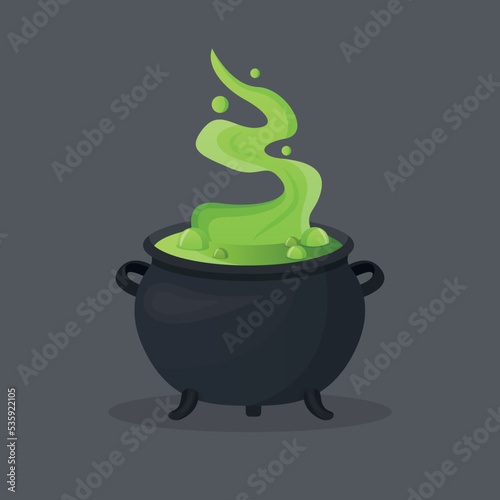 Witch cauldron, Halloween magic pot with a green potion. Vector steel boiler with boiling magic brew or steaming goo. The isolated evil item for wizards, sorceresses, or mages, is a cartoon kettle