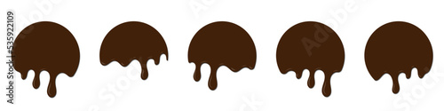 Set of chocolate drops. Dripping melted chocolate. Realistic melted chocolate. Chocolate drops. Melting Chocolate. Brown liquid dessert, sweet drip melt. Vector illustration