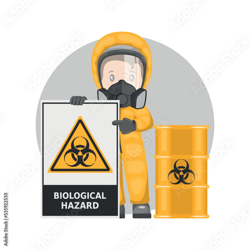 Industrial worker with biohazard sign warning. Barrel biological materials. Biological hazard. Management of hazardous substances and materials. Industrial safety and occupational health at work