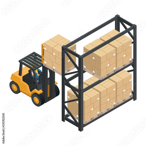 Isometric forklift lifting load of boxes stacked on a pallet to an industrial storage rack. Safety in handling a fork lift truck. Industrial logistics of storage and distribution of products