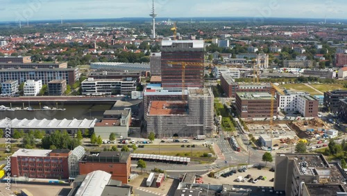 Aerial view of the gentrified modern area of the harbor in Überseestadt in Bremen city with towers and business buildings photo