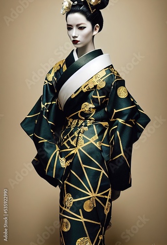 Fotografia A young beautiful geisha in a kimono and headphones