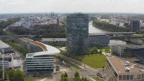 Aerial of Überseestadt new area in Walle in Bremen with skyscrapers and modern business buildings photo