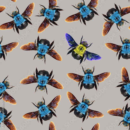 Lots of blue bumblebee and one yellow among them. One is not like everyone else, individuality, difference from others, all ordinary, one unusual, unique
