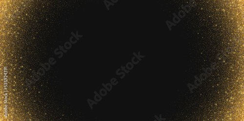 Golden glitter background, shiny stardust, flying shimmer, magic particles on a dark backdrop with copy space for text. Vector illustration.