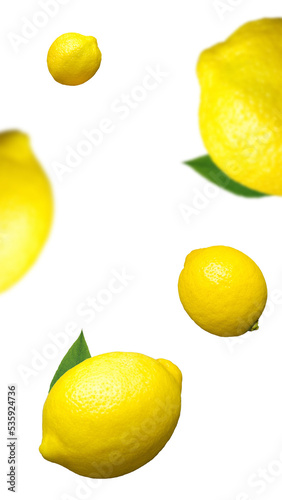 Foto sin fondo de limones cayendo a distintas distancias, para diseño de anuncio de bebidas de limón. 