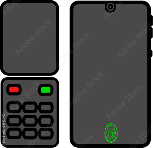 Smartphone with green thumbprint and mobile phone with screen and red and green buttons Vector photo