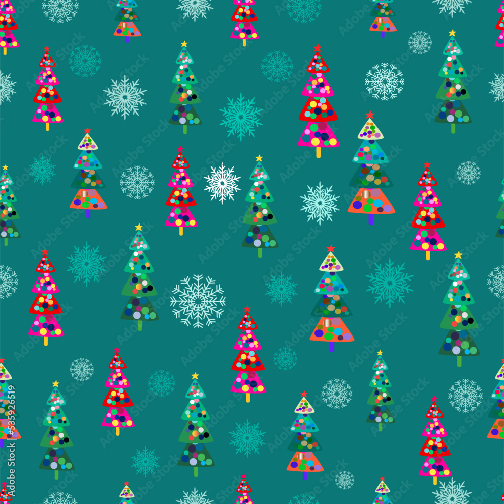 Seamless New Years pattern. Abstract Christmas trees and snowflakes. Fabric texture