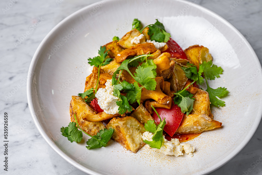 salad with mushrooms, tomatoes, cheese and herbs salad with mushrooms, tomatoes, cheese and herbs