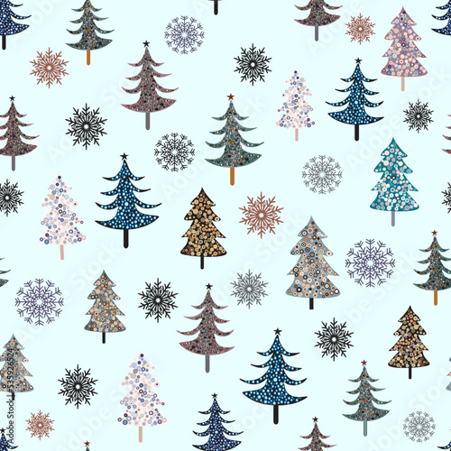 Seamless New Years pattern. Abstract Christmas trees and snowflakes. Fabric texture