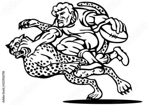illustration of a rugby player running with the ball tackle attacked by a cheetah on isolated background done in black and white