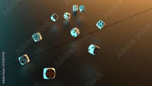 Rolling white-black dices under 
blue-orange lighting background. Conceptual 3D CG of establishment statistics, business opportunities, life crossroads and horse race gambling.
