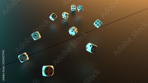 Rolling white-black dices under blue-orange lighting background. Conceptual 3D CG of establishment statistics, business opportunities, life crossroads and horse race gambling.