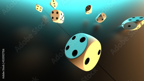 Rolling white-black dices under  blue-orange lighting background. Conceptual 3D CG of establishment statistics  business opportunities  life crossroads and horse race gambling.