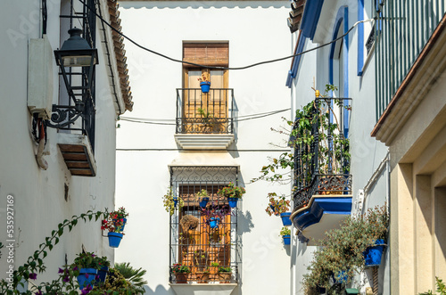 Narrow streets in the center of Estepona, typical Andalusian town in southern Spain