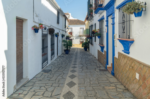 Narrow streets in the center of Estepona, typical Andalusian town in southern Spain