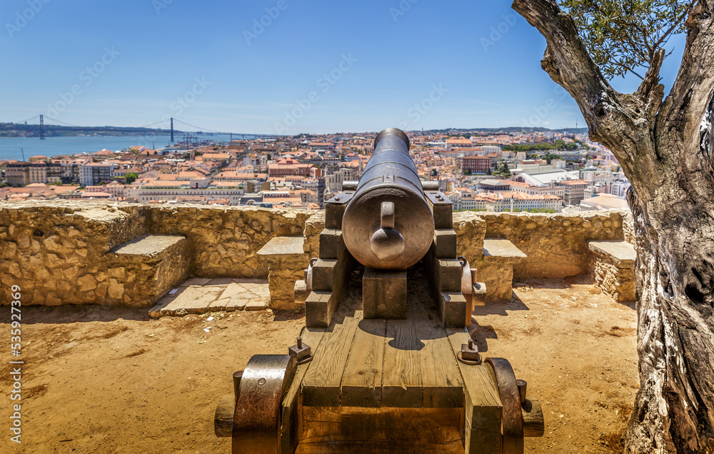 view of the city of lisbon under the sights of the cannon view of the city of lisbon under the sights of the cannon