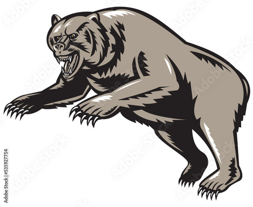 grizzly bear attacking woodcut style