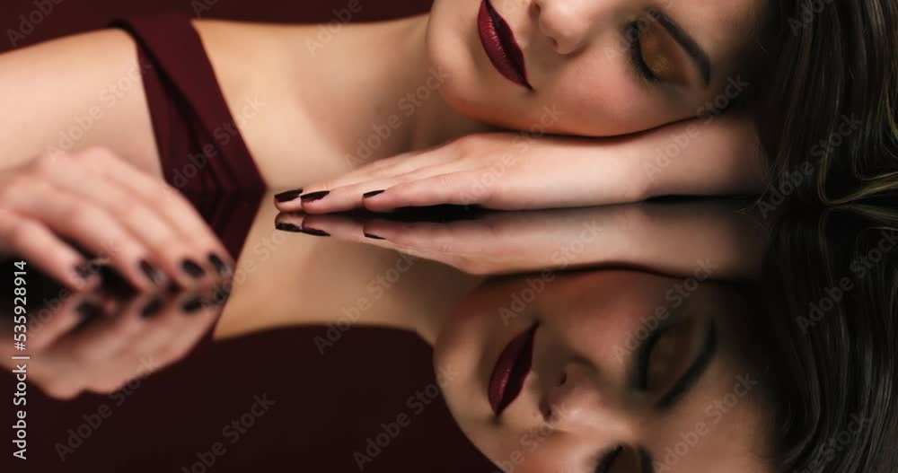 Model, reflection and eyes with makeup in fashion or beauty mockup in marketing portrait. Girl, hands and face in cosmetic advertising with lipstick, manicure and mascara for cosmetics macro Model, reflection and eyes with makeup in fashion or beauty mockup in marketing portrait. Girl, hands and face in cosmetic advertising with lipstick, manicure and mascara for cosmetics macro