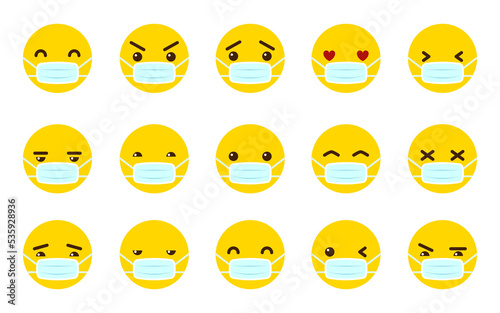 Emoticon yellow face with medical icon set. Epidemic emoji symbol. Bacteria hospital safety element. Cartoon doctor character. Infection virus pandemic sign. Smile head disease quarantine protection