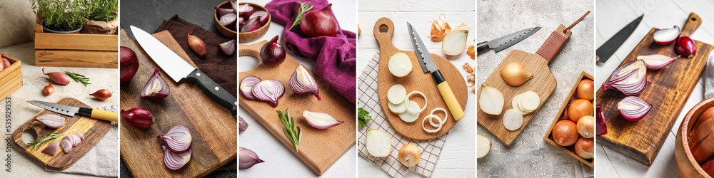 Set of cutting boards with fresh onions and knives on table