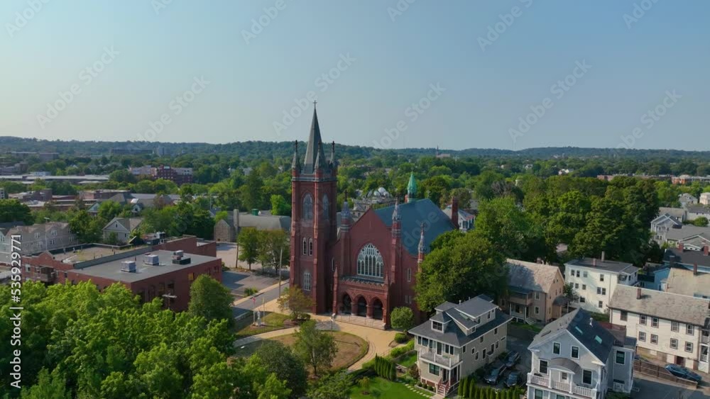 Saint Patrick's Church aerial view at 212 Main Street in historic city center of Watertown, Massachusetts MA, USA. Saint Patrick's Church aerial view at 212 Main Street in historic city center of Watertown, Massachusetts MA, USA.