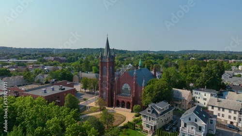 Saint Patrick's Church aerial view at 212 Main Street in historic city center of Watertown, Massachusetts MA, USA.  photo