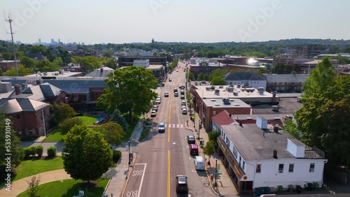 Watertown Main Street aerial view with Boston modern city skyline at the background in historic city center of Watertown, Massachusetts MA, USA.  photo