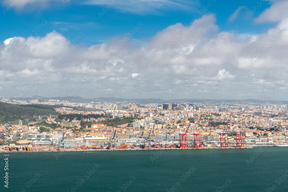 Lisbon, Portugal. April 11, 2022: Panoramic landscape of Lisbon city port