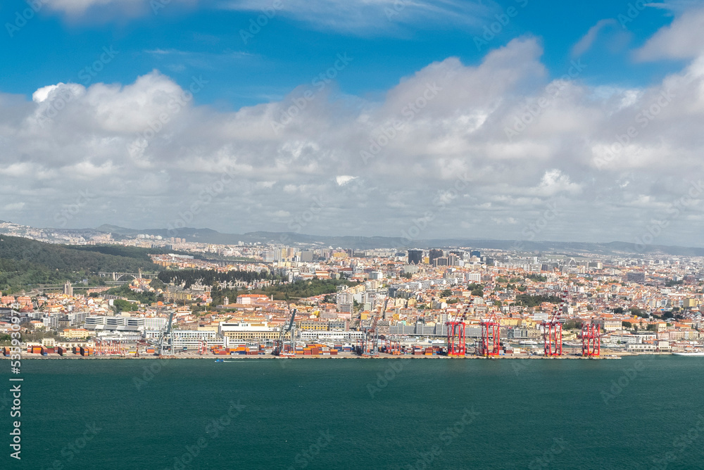 Lisbon, Portugal. April 11, 2022: Panoramic landscape of Lisbon city port