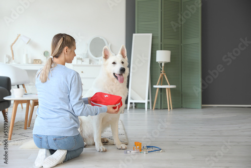 Woman with her white dog an...