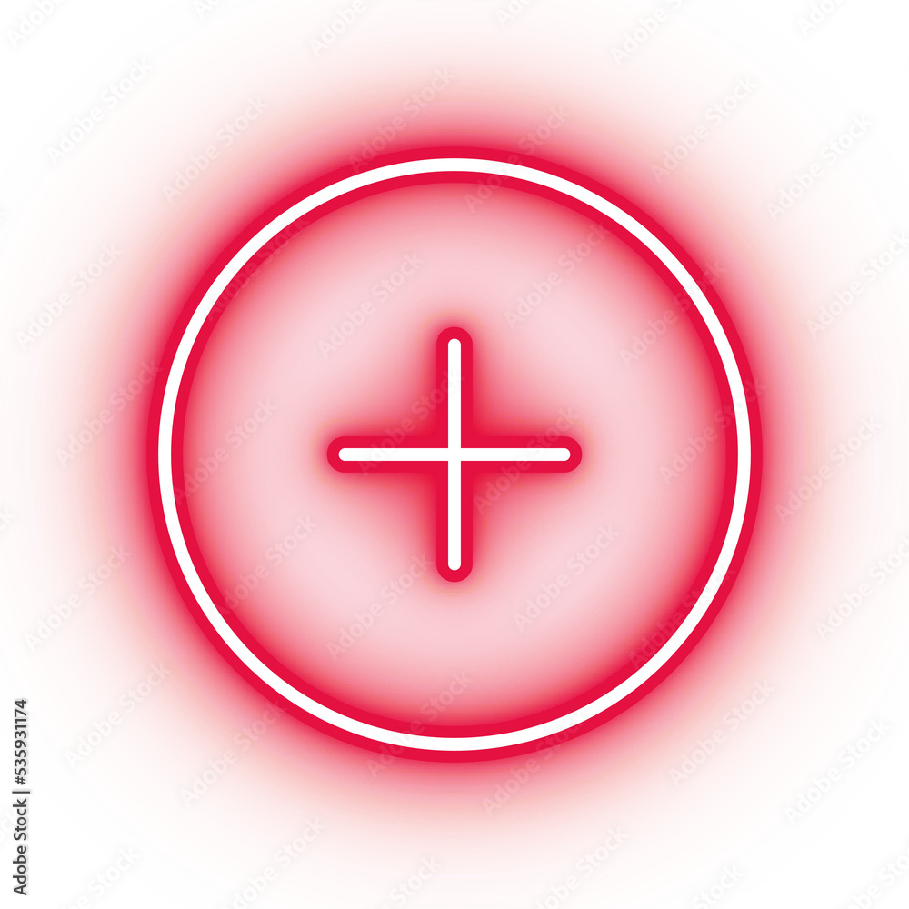 Fototapeta premium Neon red plus icon, glowing add button icon on transparent background