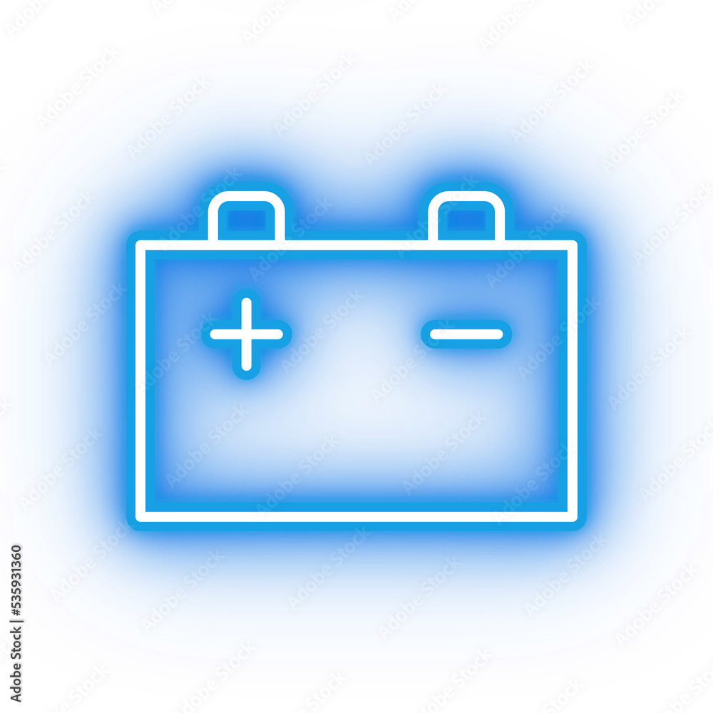 Neon blue battery icon, glowing car battery icon on transparent background Neon blue battery icon, glowing car battery icon on transparent background