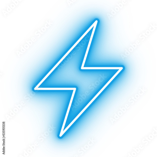 Neon blue lightning icon, glowing energy icon on transparent background
