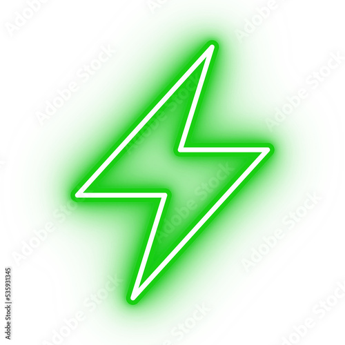 Neon green lightning icon, glowing energy icon on transparent background