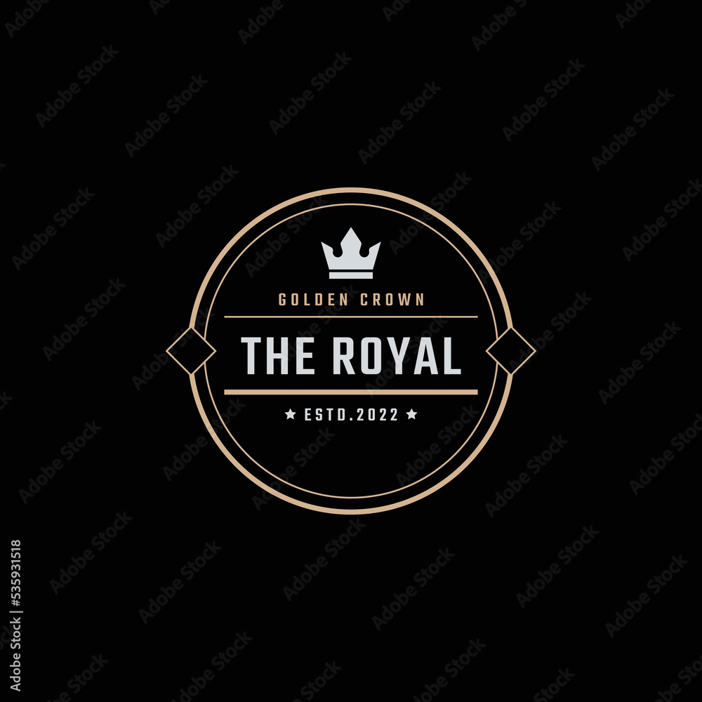 Obraz premium Golden King Crown Royal Vintage Retro Classic Luxury Label Logo Design Linear Style