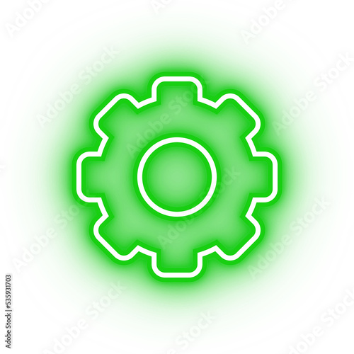 Neon green gear cog icon, glowing settings icon on transparent background